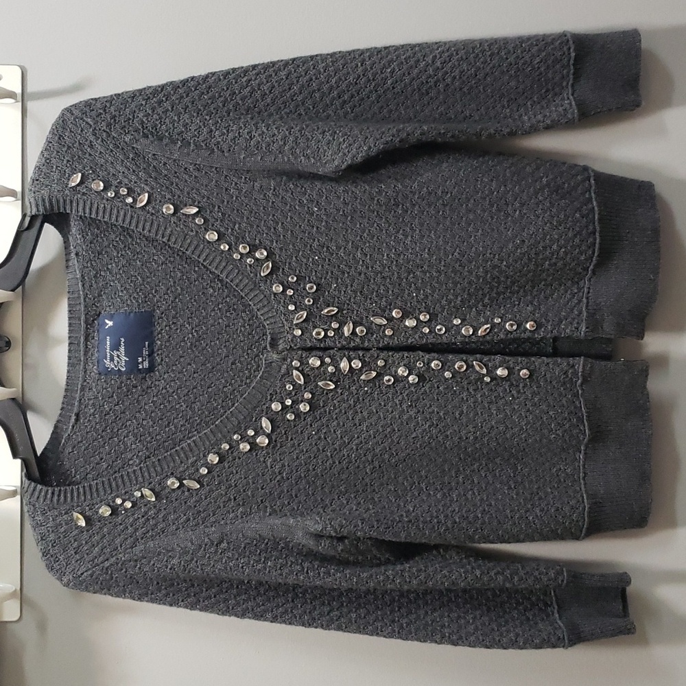 American Eagle Outfitters Dark Gray Beaded Cropped Sweater